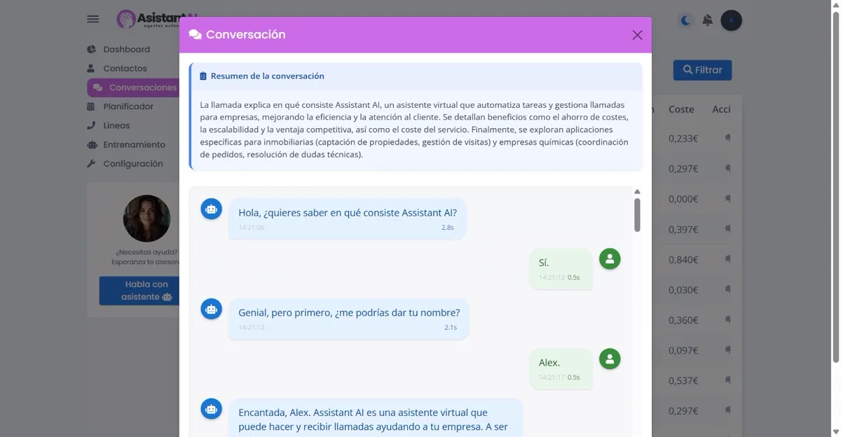 Conversación gestionada por Asistant AI, agentes autónomos de voz para empresas